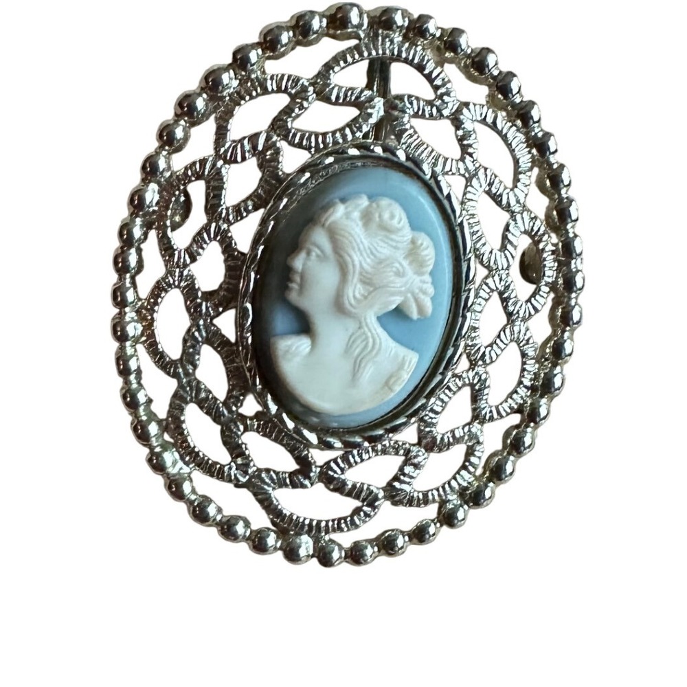 Sarabah Cameo Brooch Vintage Oval Silver Tone Blue and White Lady Portrait